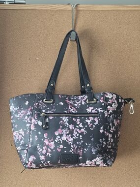 G.H. Bass Floral Print Structured Tote Bag Black Pink Blossoms Medium
